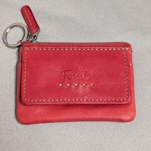 Fossil Red Leather Mini Wallet ID Window Keychain Coin Zip Pouch Vintage 90’s